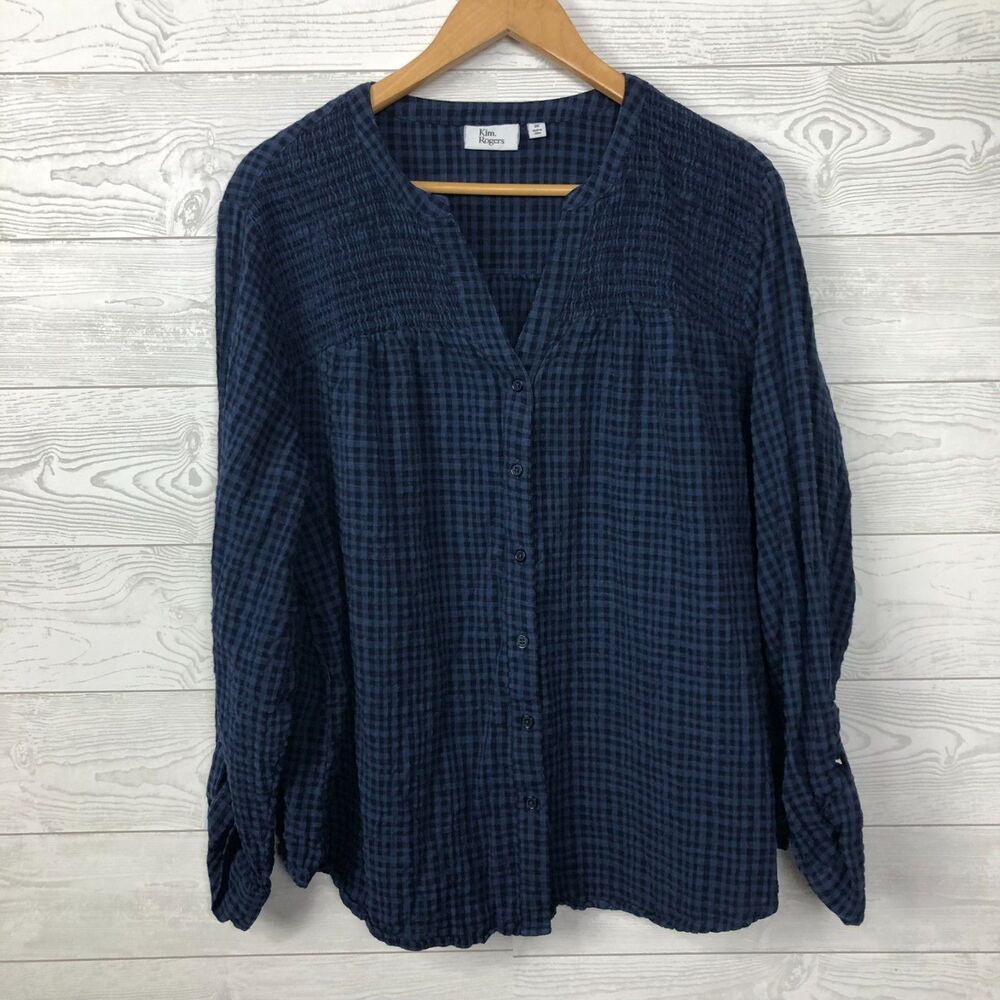 Kim Rogers Women's 3X Gingham Button Front Shirt Smocked Yoke Roll Tab Sleeves